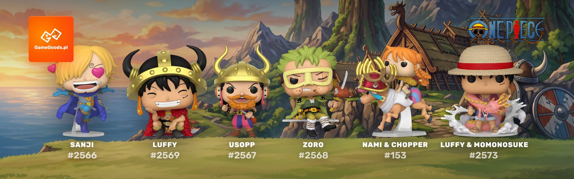 Funko Pop One Piece Elbaf - Sanji #2566, Luffy #2569, Usopp #2567, Zoro #2568, Nami i Chopper #153 oraz Luffy i Momonosuke #2573