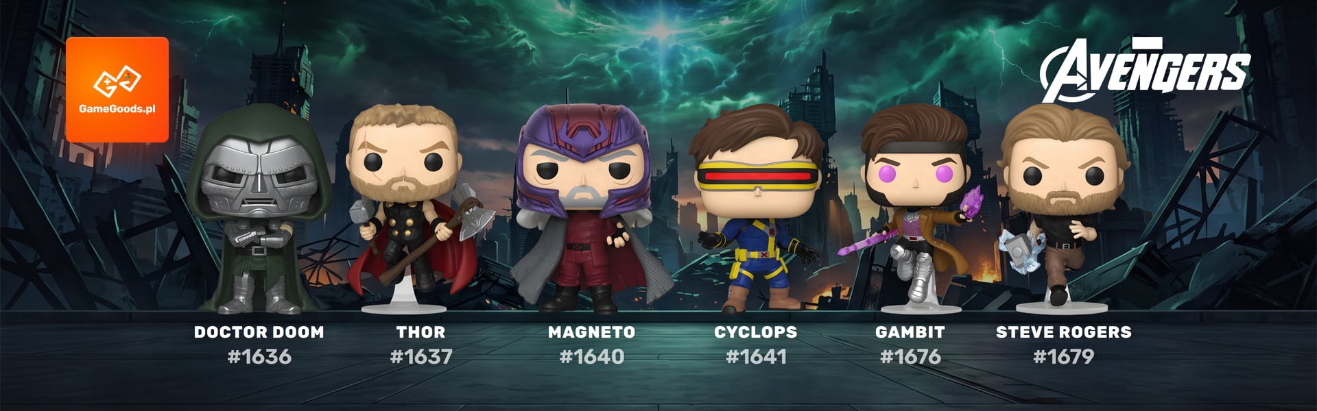 Funko Pop Avengers Doomsday - Doctor Doom #1636, Thor #1637, Magneto #1640, Cyclops #1641, Gambit #1676 i Steve Rogers #1679